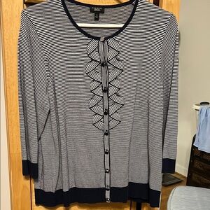 Navy and white cardigan with a very interesting bow type front.